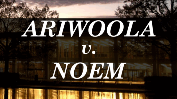 "Ariwoola v. Noem." Background photo of the University of South Carolina's Thomas Cooper Library at sunset.