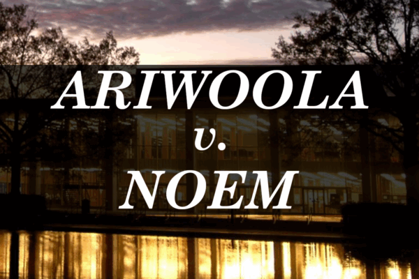 "Ariwoola v. Noem." Background photo of the University of South Carolina's Thomas Cooper Library at sunset.
