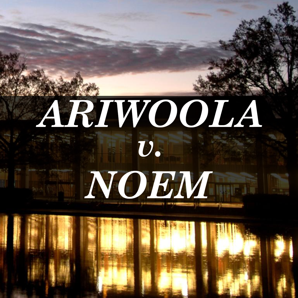 "Ariwoola v. Noem." Background photo of the University of South Carolina's Thomas Cooper Library at sunset.