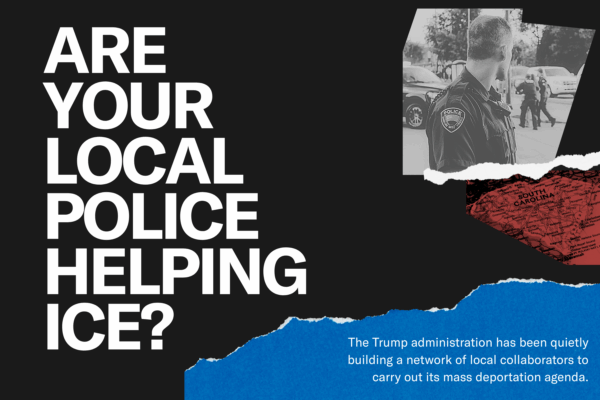 "Are your local police helping ICE? The Trump administration has been quietly building a network of local collaborators to carry out its mass deportation agenda." Collage photo of a police officer facing away from the camera.