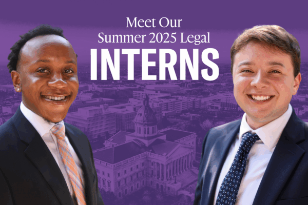 "Meet our summer 2025 legal interns." Professional headshots of Kaleb and Alex in suits and ties in front of a purple-tinted image of the Columbia skyline.