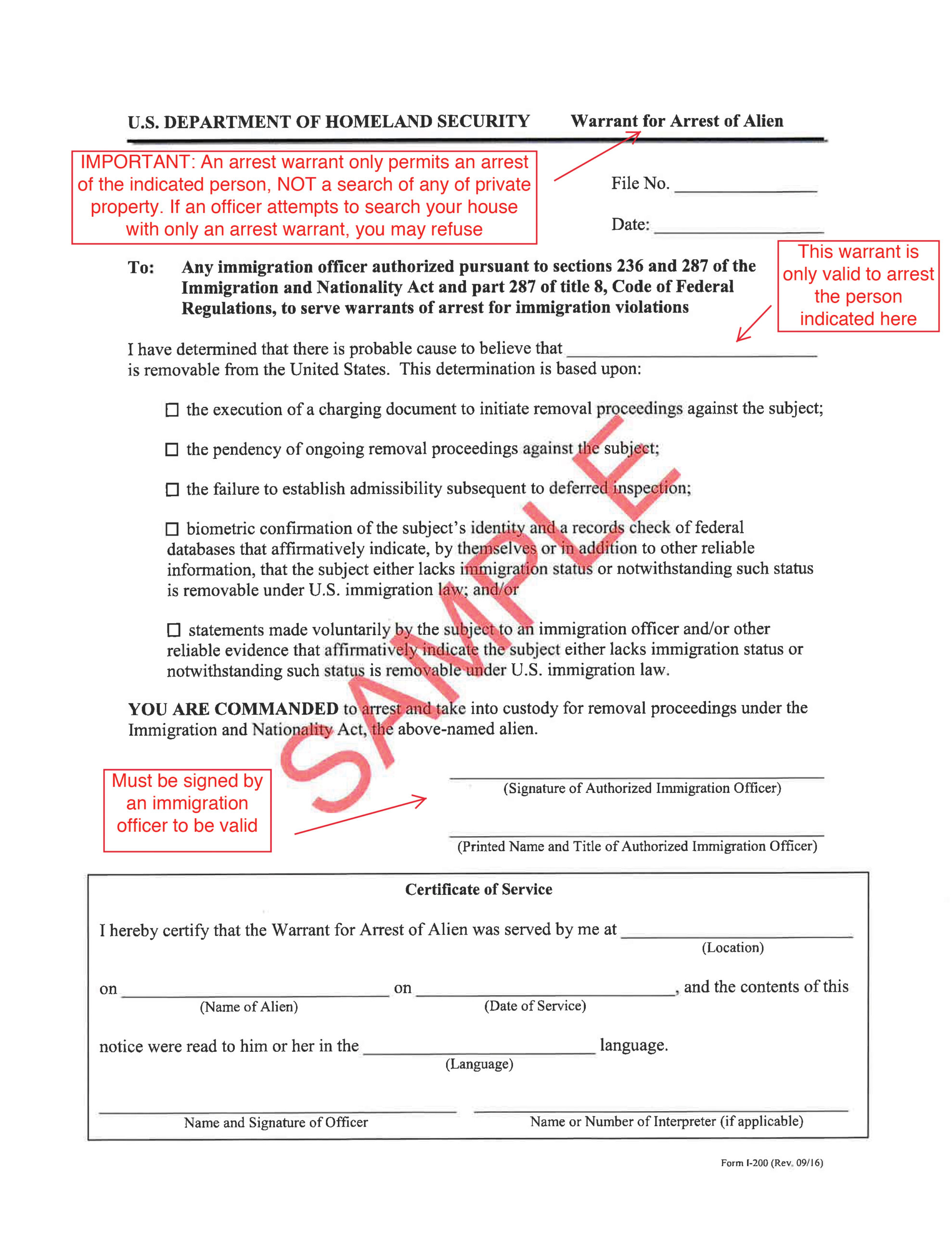 US Department of Homeland Security Warrant for Arrest of Alien. Important: An arrest warrant only permits an arrest of the indicated person, NOT a search of any private property. If an officer attempts to search your house with only an arrest warrant, you may refuse.