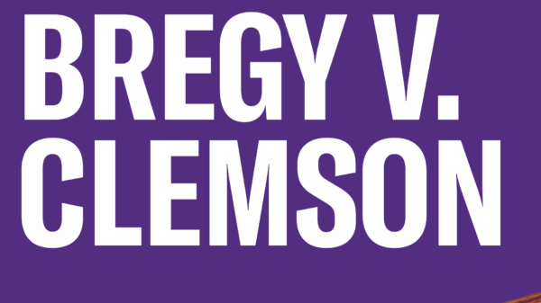 "Bregy v. Clemson" on a purple background