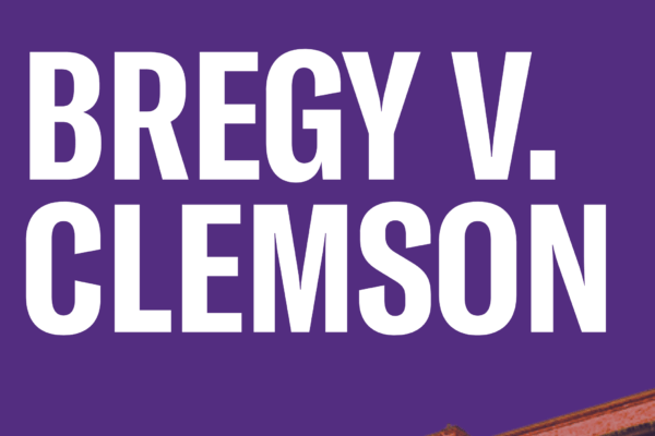"Bregy v. Clemson" on a purple background
