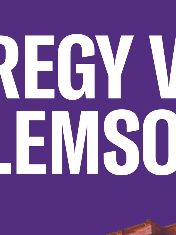 "Bregy v. Clemson" on a purple background