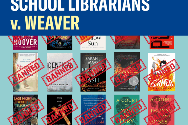 SC Association of School Librarians v. Weaver. Text appears over rows of books stamped with the word "Banned."