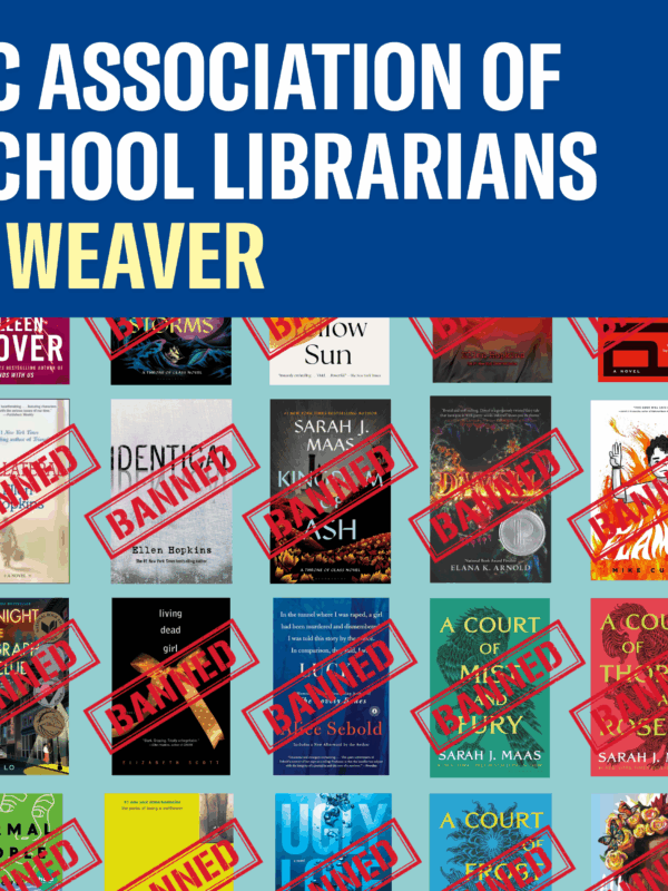 SC Association of School Librarians v. Weaver. Text appears over rows of books stamped with the word "Banned."