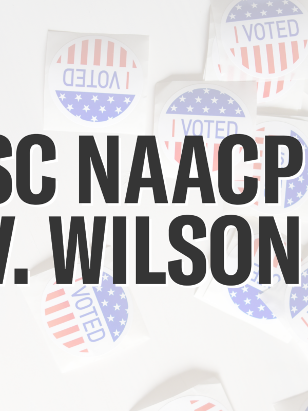 "SC NAACP v. Wilson." Background photo of "I Voted" stickers in red, white, and blue.