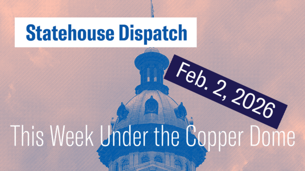 "Statehouse Dispatch: Feb. 2, 2026. This week under the copper dome." Background photo of the South Carolina Statehouse dome in pink and blue tints.