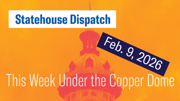 "Statehouse Dispatch: Feb. 9, 2026. This week under the copper dome." Background image of the South Carolina Statehouse dome tinted orange and red.