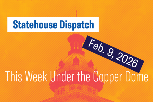 "Statehouse Dispatch: Feb. 9, 2026. This week under the copper dome." Background image of the South Carolina Statehouse dome tinted orange and red.