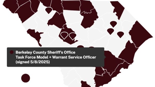 A map of South Carolina counties with some colored in dark red, indicating participation in 287(g)