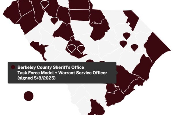 A map of South Carolina counties with some colored in dark red, indicating participation in 287(g)