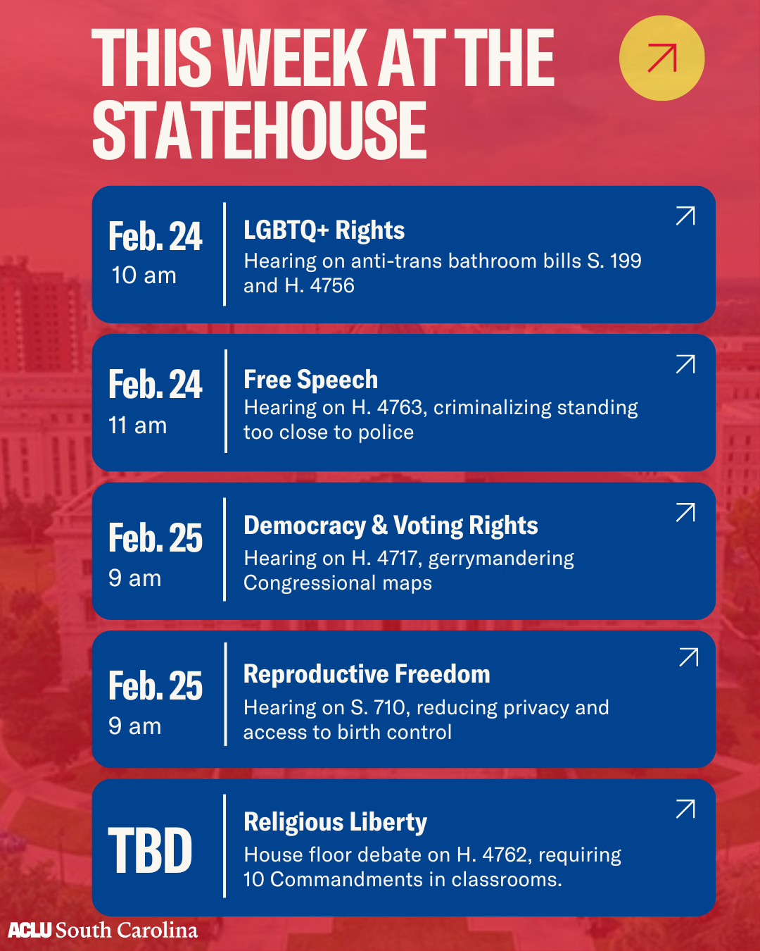 Schedule of hearings for the week