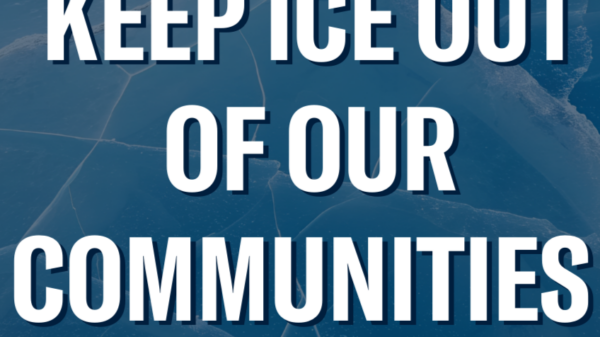 "Keep ICE out of our communities." Background image of a cracking sheet of ice.