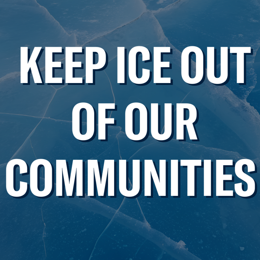 "Keep ICE out of our communities." Background image of a cracking sheet of ice.