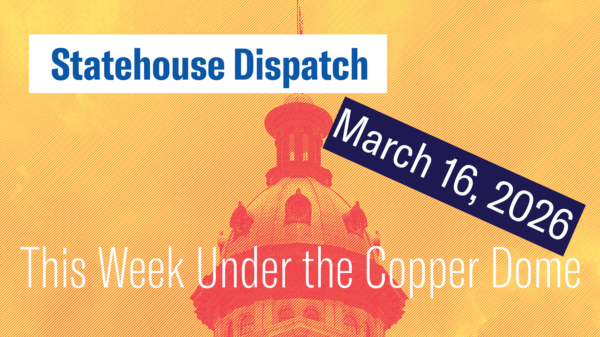 "Statehouse Dispatch: March 16, 2026." Photo of the South Carolina Statehouse dome tinted orange and yellow.