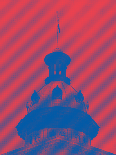 The South Carolina Statehouse dome under a dark red and blue tint.