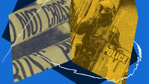 Collage of police in riot gear and crime scene tape