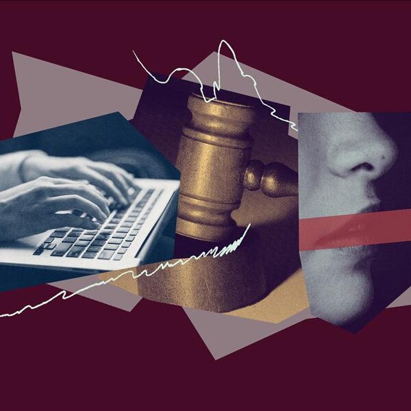 Collage of hands on a keyboard, a gavel, and lips with a red line drawn across them