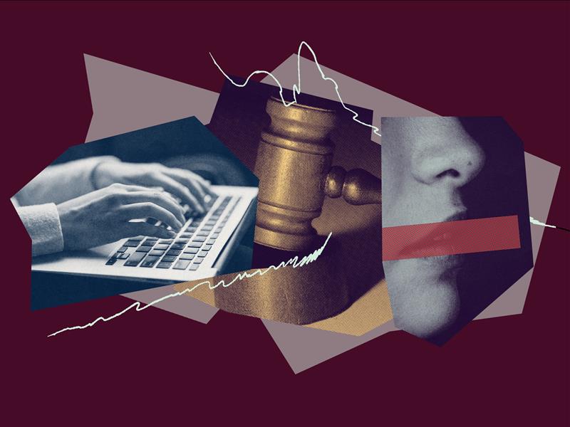 Collage of hands on a keyboard, a gavel, and lips with a red line drawn across them