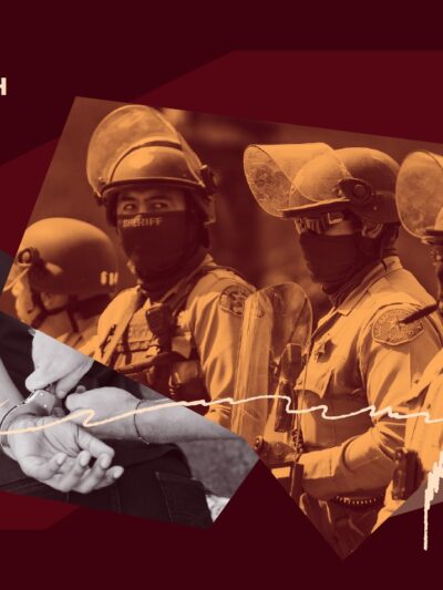 Collage of police wearing riot masks