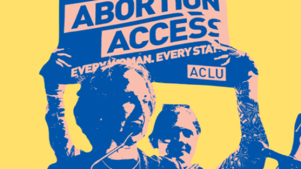 Photo of people at a rally. One person holds up a sign saying "Abortion Access. Every woman. Every state."