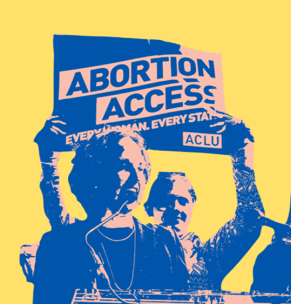Photo of people at a rally. One person holds up a sign saying "Abortion Access. Every woman. Every state."