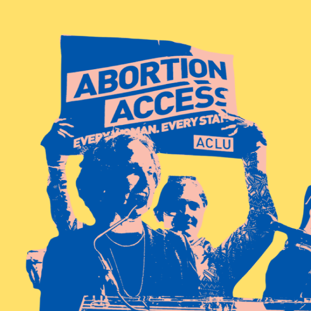 Photo of people at a rally. One person holds up a sign saying "Abortion Access. Every woman. Every state."