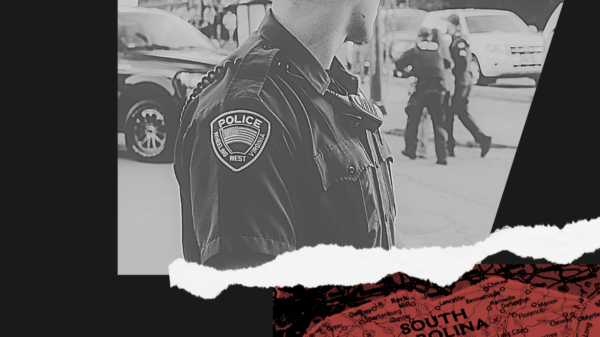 Photo collage of a police officer and a map of South Carolina