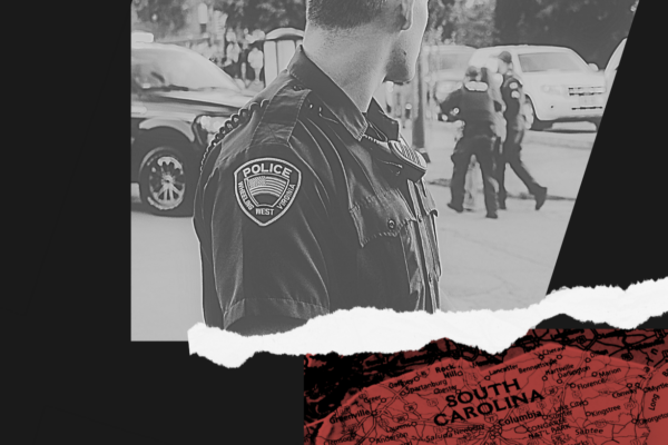 Photo collage of a police officer and a map of South Carolina