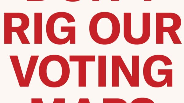 "Don't rig our voting maps" in all-caps red text on a beige background
