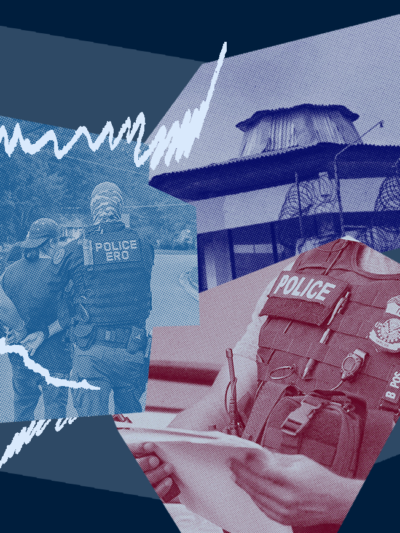 Photo collage including officers arresting somebody and the fence of a detention center with barbed wire.