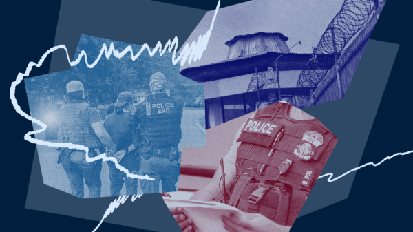 Photo collage including officers arresting somebody and the fence of a detention center with barbed wire.