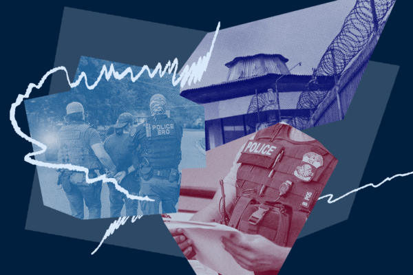 Photo collage including officers arresting somebody and the fence of a detention center with barbed wire.