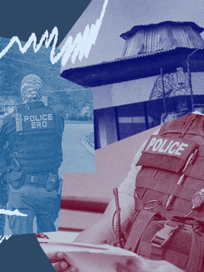 Photo collage including officers arresting somebody and the fence of a detention center with barbed wire.