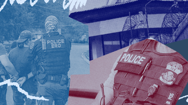 Photo collage including officers arresting somebody and the fence of a detention center with barbed wire.