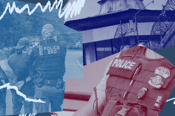Photo collage including officers arresting somebody and the fence of a detention center with barbed wire.