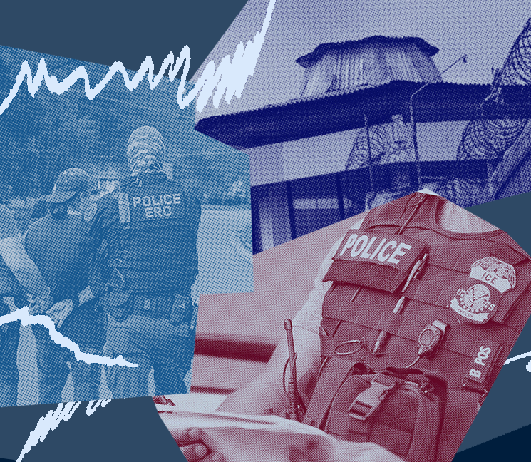 Photo collage including officers arresting somebody and the fence of a detention center with barbed wire.