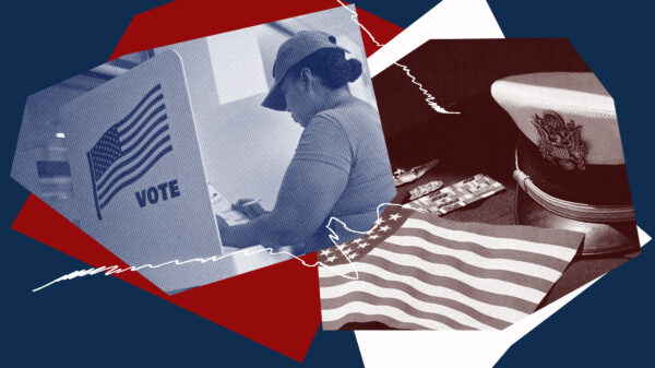 Image collage with a picutre of a woman in a military uniform voting and a picture of an American flag laid next to a formal military uniform.