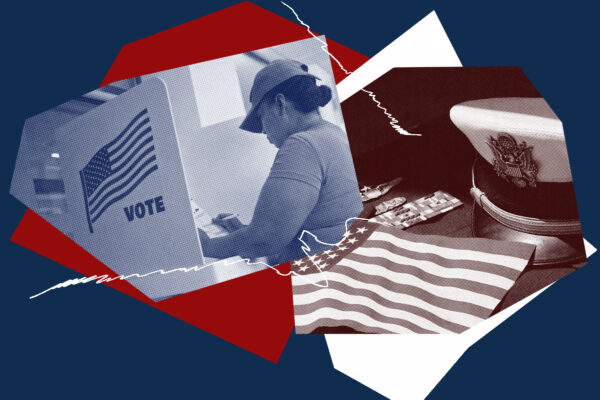 Image collage with a picutre of a woman in a military uniform voting and a picture of an American flag laid next to a formal military uniform.