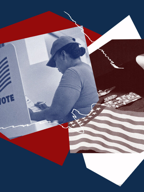 Image collage with a picutre of a woman in a military uniform voting and a picture of an American flag laid next to a formal military uniform.