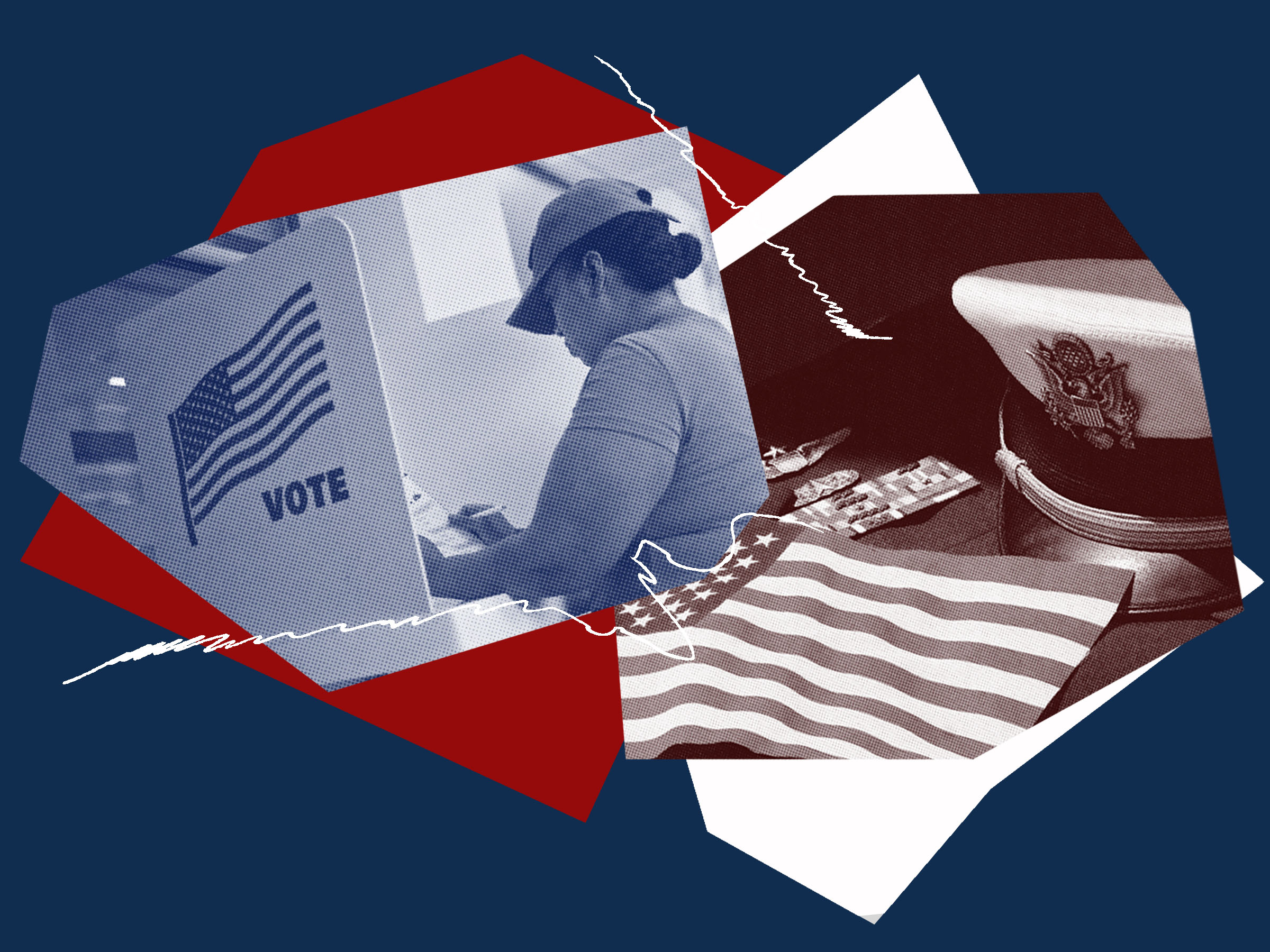 Image collage with a picutre of a woman in a military uniform voting and a picture of an American flag laid next to a formal military uniform.