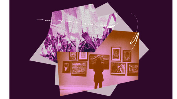 Image collage. Top image is paintbrushes sitting in metal coffee tin. Bottom image is of a person's back as they face a wall of art in frames.