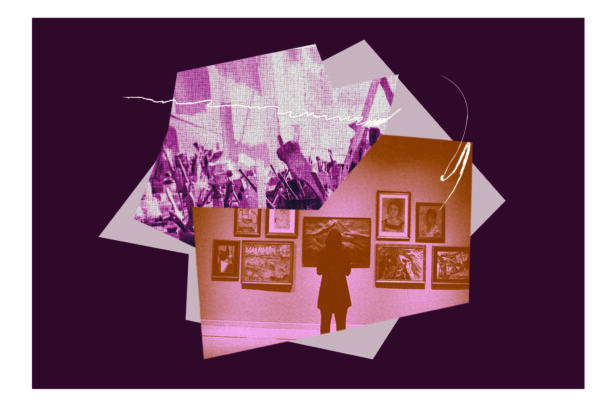 Image collage. Top image is painbrushes sitting in metal coffee tin. Bottom image is of a person's back as they face a wall of art in frames.