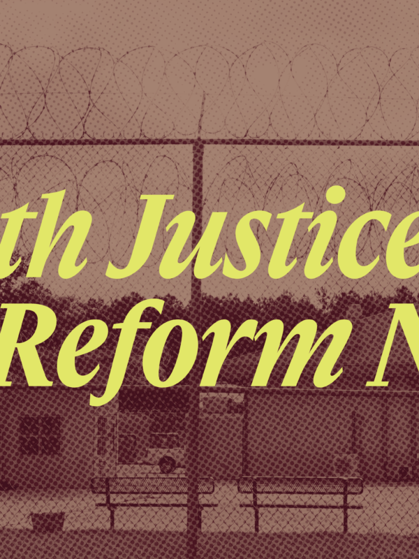 Image of barbed wire fence with benches behind it. Text reads "Youth Justice Reform Now"