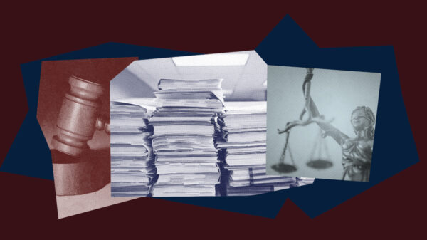 image collage with gavel, files, and the scales of justice