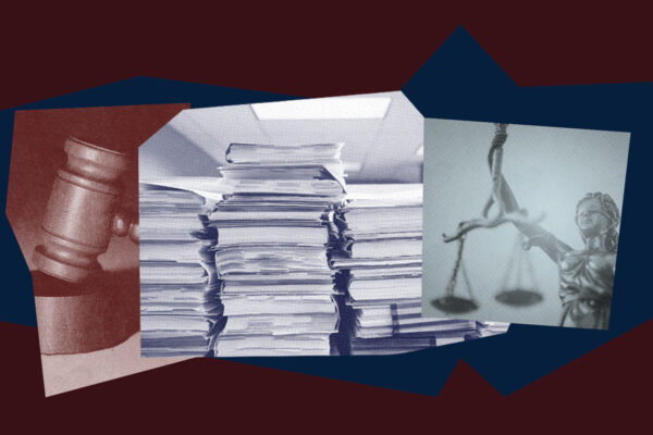 image collage with gavel, files, and the scales of justice