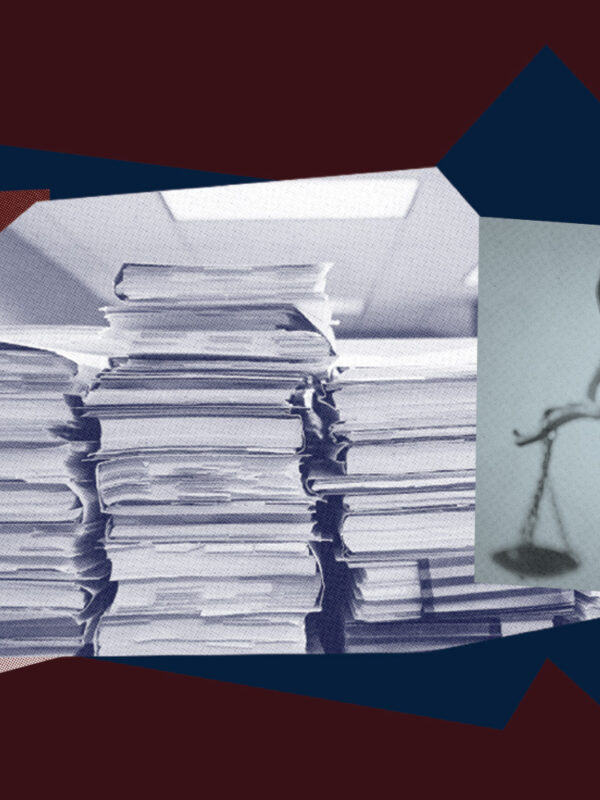 image collage with gavel, files, and the scales of justice