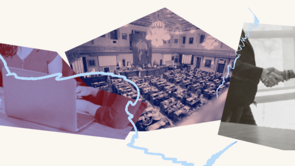 Image collage including a photo of SC House floor, hands and a computer and two hands shaking